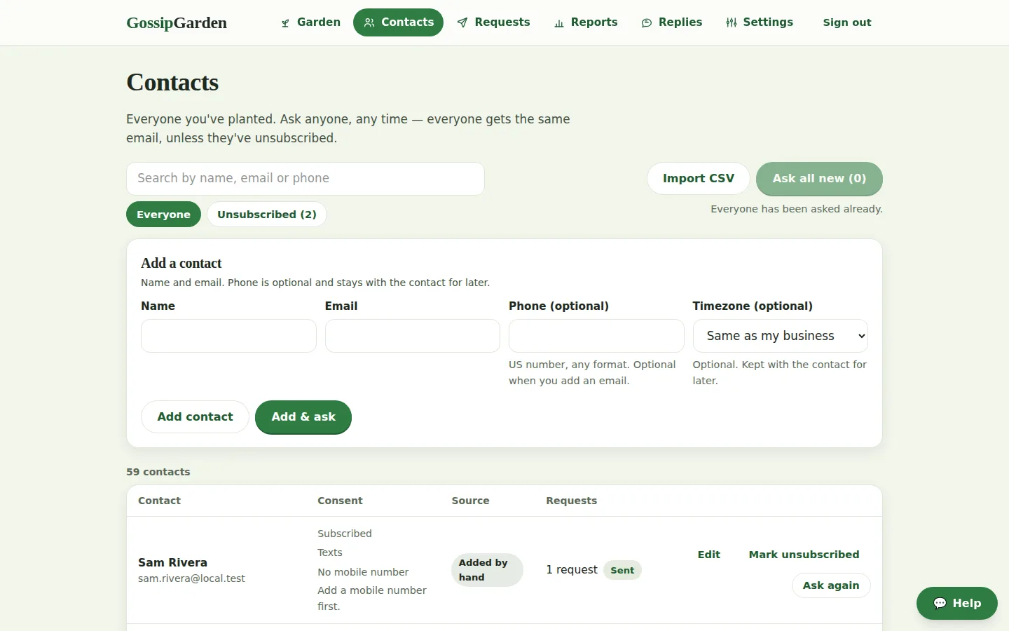 Screenshot of GossipGarden's contacts page