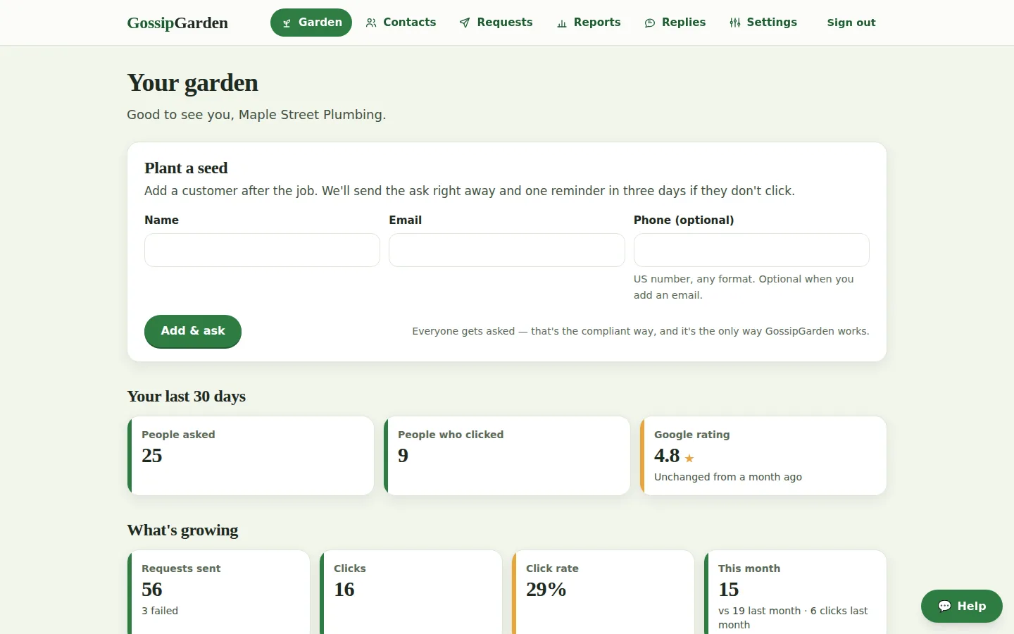 Screenshot of GossipGarden's dashboard page
